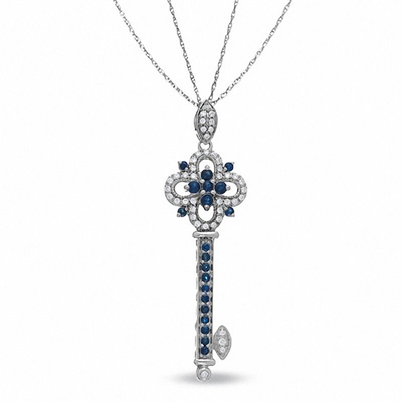 Blue Sapphire and Diamond Accent Key Pendant in Sterling Silver - 24"