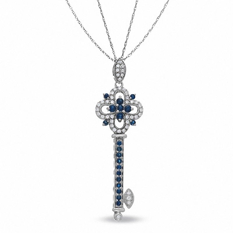 Main Image 1 of Blue Sapphire and Diamond Accent Key Pendant in Sterling Silver - 24"