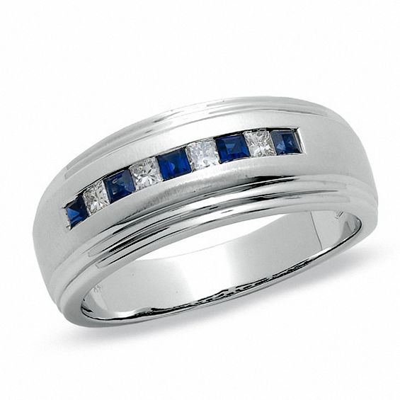 Men's 1/5 CT. T.w. Square-Cut Diamond and Blue Sapphire Band in 14K White Gold