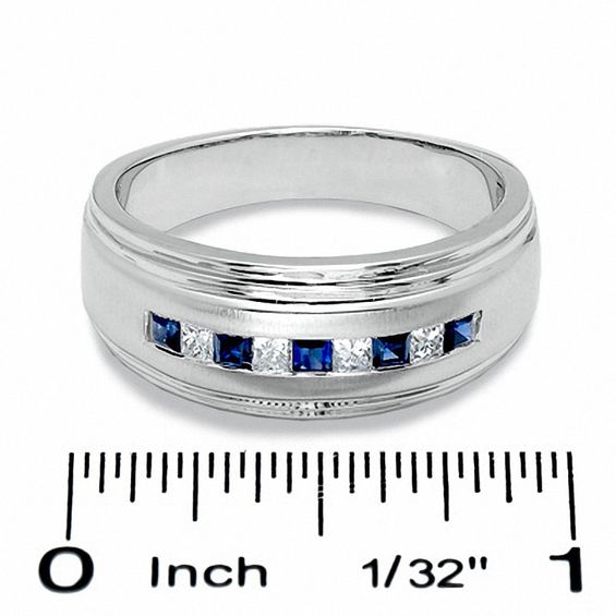 1/5 CT. T.w. Square-Cut Diamond and Blue Sapphire Band in 14K White Gold