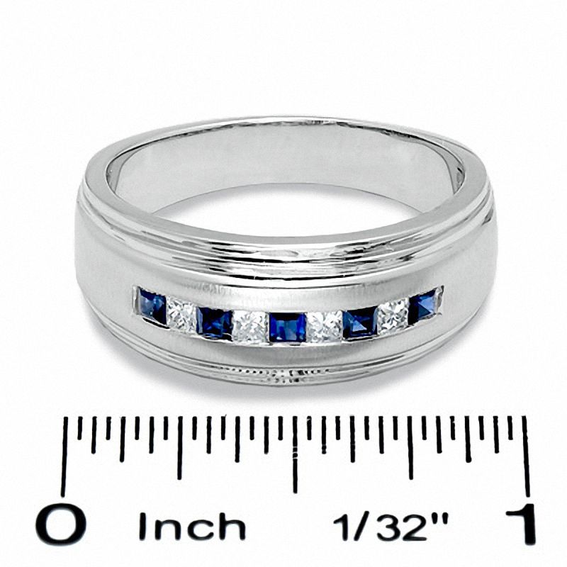 Main Image 2 of 1/5 CT. T.W. Square-Cut Diamond and Blue Sapphire Band in 14K White Gold
