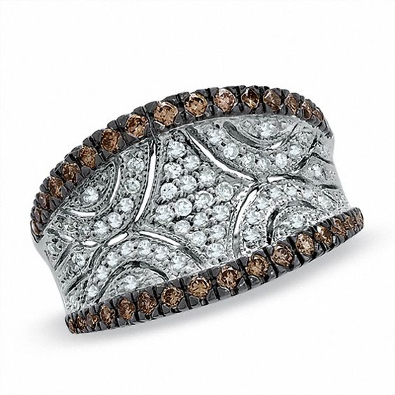 3/4 CT. T.w. Champagne and White Diamond Concave Ring in 10K White Gold