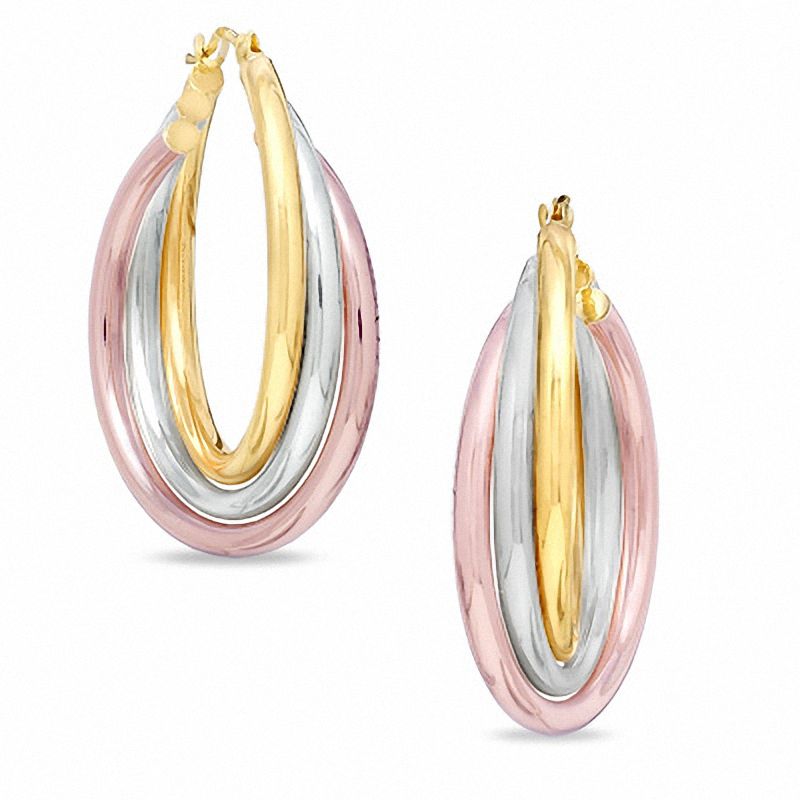 25mm Bypass Hoop Earrings in Tri-Color 14K Gold Bonded Sterling Silver
