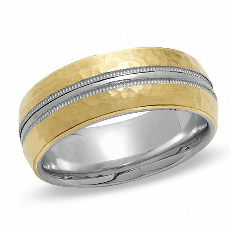 Main Image 1 of 8.0mm Hammered Milgrain Wedding Band in 14K Gold and Sterling Silver