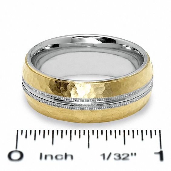 Zales Men s 8.0mm Hammered Milgrain Wedding Band in 14K Gold and Sterling Silver Connecticut Post Mall