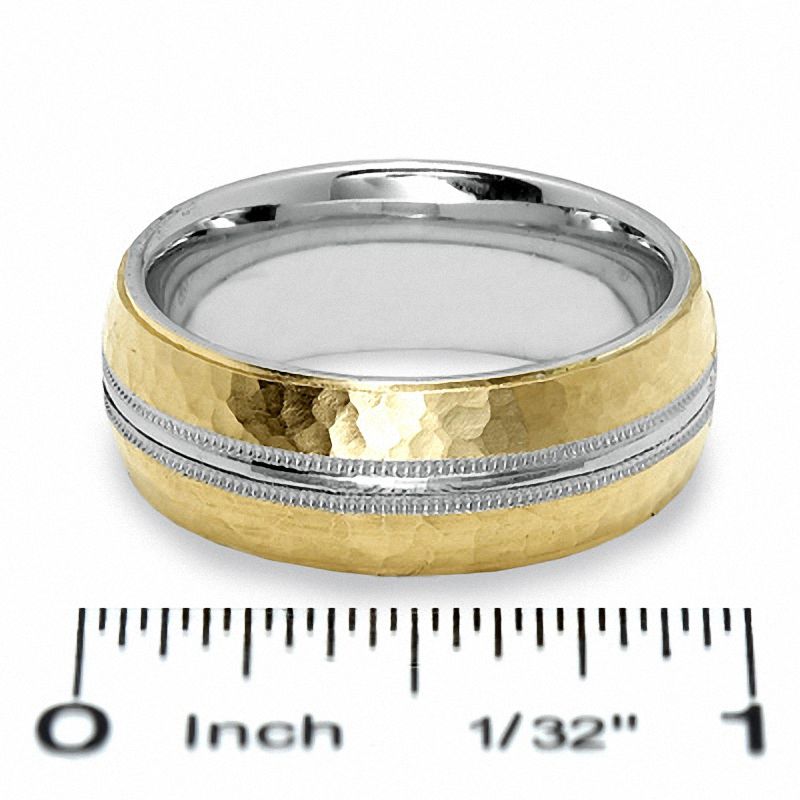 Main Image 2 of 8.0mm Hammered Milgrain Wedding Band in 14K Gold and Sterling Silver