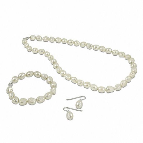 9.0 - 10.0mm Baroque Cultured Freshwater Pearl Necklace, Bracelet and Drop Earrings Set in Sterling Silver