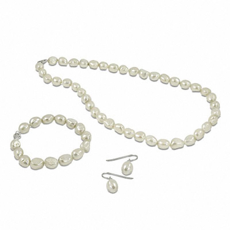 9.0 - 10.0mm Baroque Cultured Freshwater Pearl Necklace, Bracelet and Drop Earrings Set in Sterling Silver