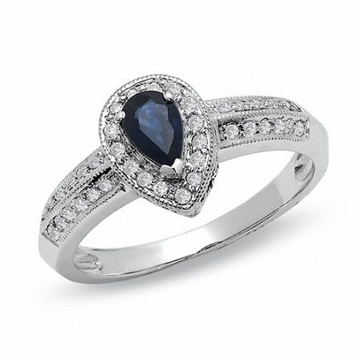 Blue w/ White Sapphire Pear Drop Cut Engagement Wedding Sterling Silver Ring Set 