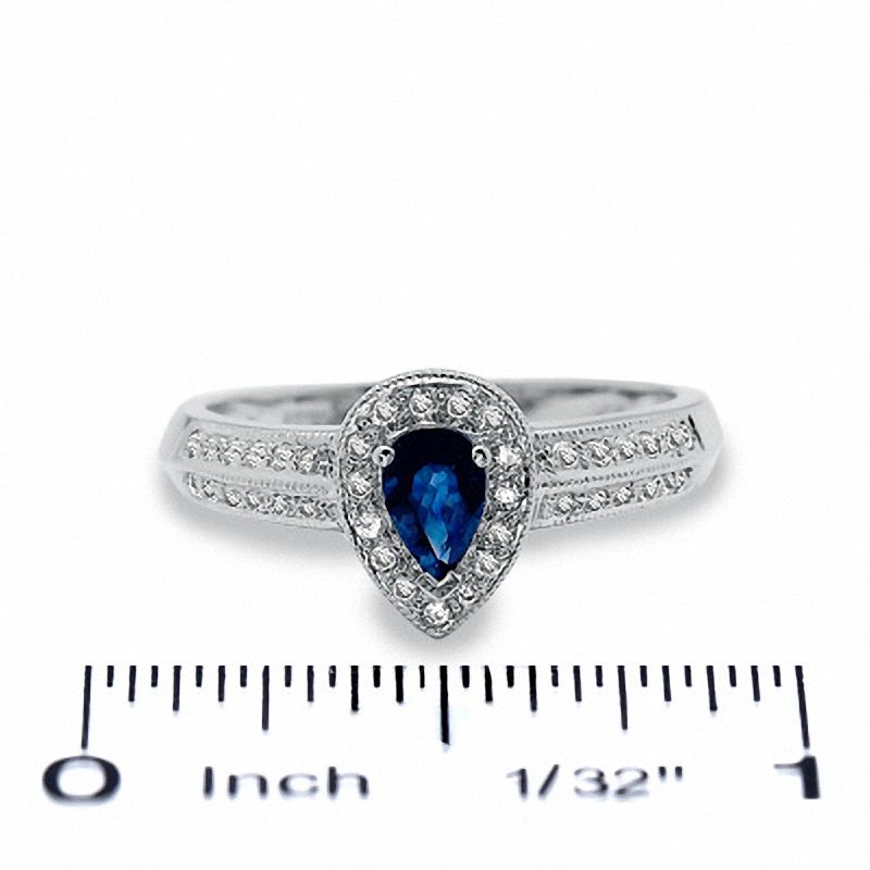 Pear-Shaped Blue Sapphire Vintage-Style Engagement Ring in 10K White Gold with Diamond Accents