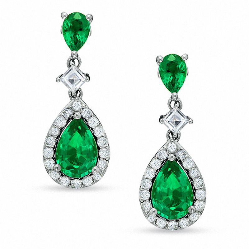 Main Image 1 of Pear-Shaped Lab-Created Emerald and White Sapphire Drop Earrings in 14K White Gold