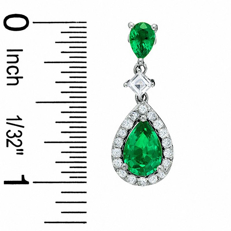 Main Image 2 of Pear-Shaped Lab-Created Emerald and White Sapphire Drop Earrings in 14K White Gold