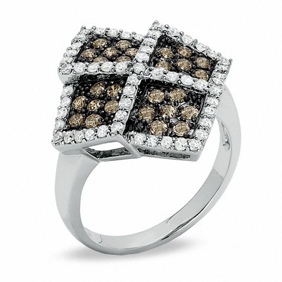 1 CT. T.w. Enhanced Champagne and White Diamond Harlequin Ring in 14K White Gold