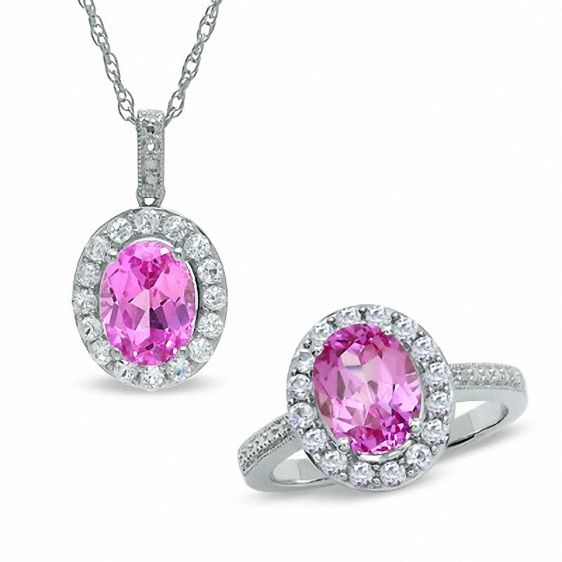 Main Image 1 of Oval Lab-Created Pink and White Sapphire Pendant and Ring Set in Sterling Silver