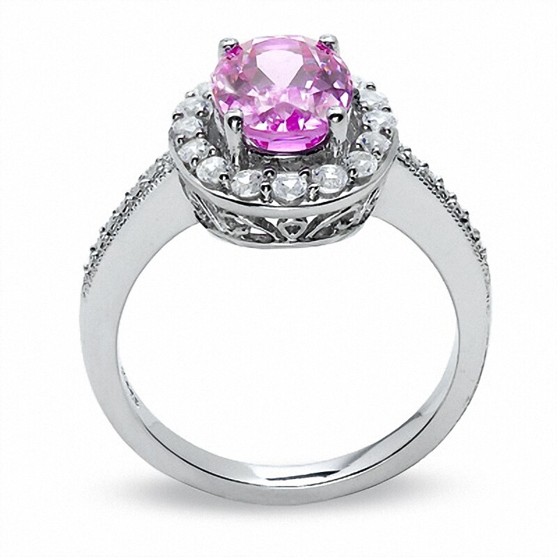 Main Image 2 of Oval Lab-Created Pink and White Sapphire Pendant and Ring Set in Sterling Silver