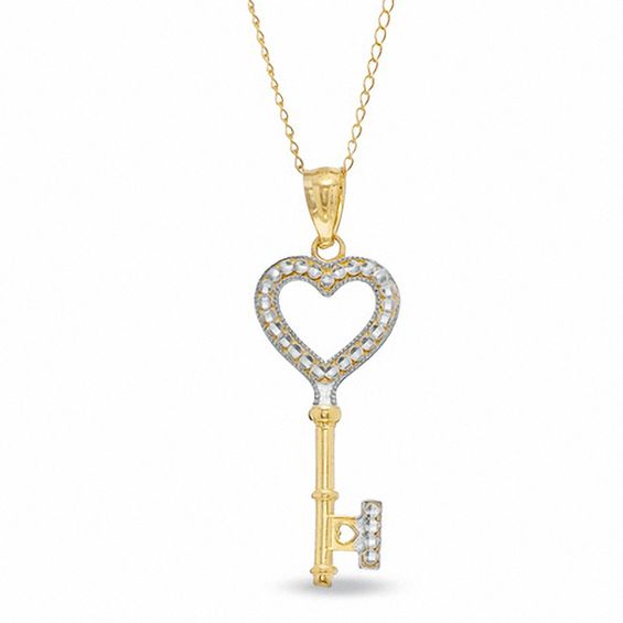 Diamond Accent Heart Key Pendant in 14K Gold - 17"