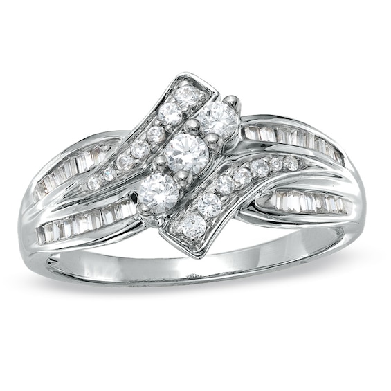 1/2 CT. T.w. Diamond Bypass Three Stone Ring in 10K White Gold
