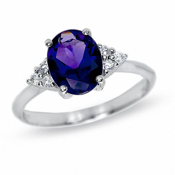 Oval Amethyst and 1/10 CT. T.W. Diamond Ring in 10K White Gold | Online ...