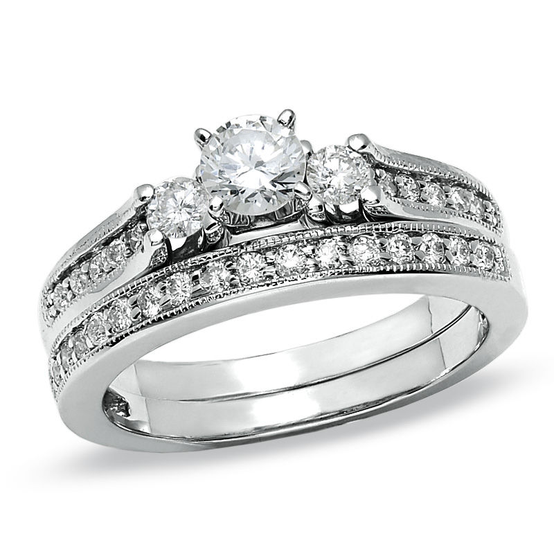 Main Image 1 of 3/4 CT. T.W. Diamond Three Stone Bridal Set in 14K White Gold