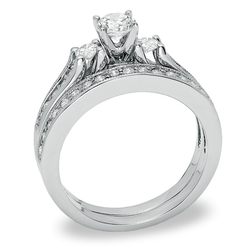 Main Image 2 of 3/4 CT. T.W. Diamond Three Stone Bridal Set in 14K White Gold
