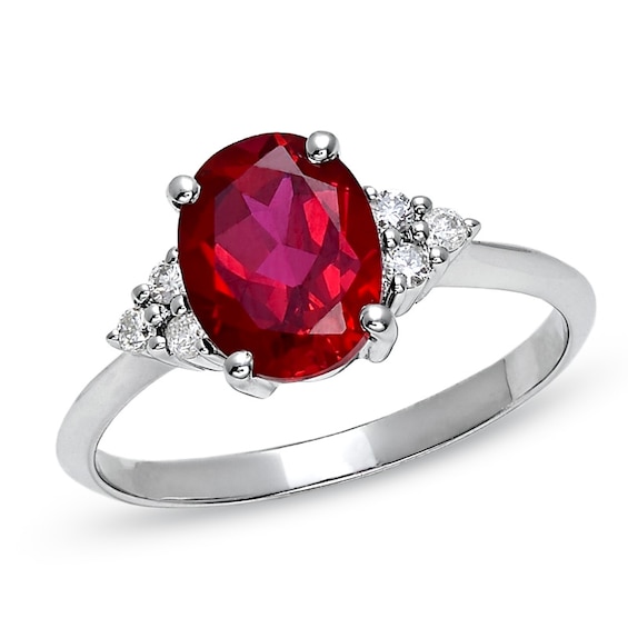 Oval Lab-Created Ruby Engagement Ring with Diamond Accents in 10K White Gold