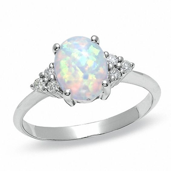 Oval Lab-Created Opal Ring with Diamond Accents in 10K White Gold ...