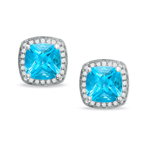 Cushion-Cut Blue Topaz Stud Earrings in 14K White Gold with Diamond ...