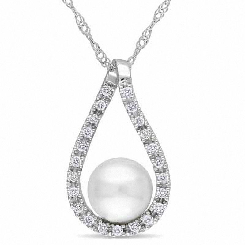 6.0 - 7.0mm Cultured Freshwater Pearl and 1/8 CT. T.W. Diamond Loop Pendant in 14K White Gold - 17"