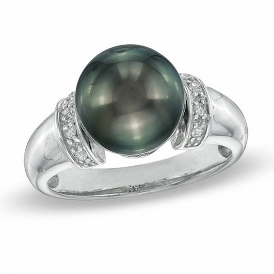 10.0 - 11.0mm Button Black Cultured Tahitian Pearl Collar Ring in Sterling Silver with White Topaz Accents 10.0 - 11.0mm Button Black Cultured Tahitian Pearl Collar Ring in Sterling Silver with White Topaz Accents