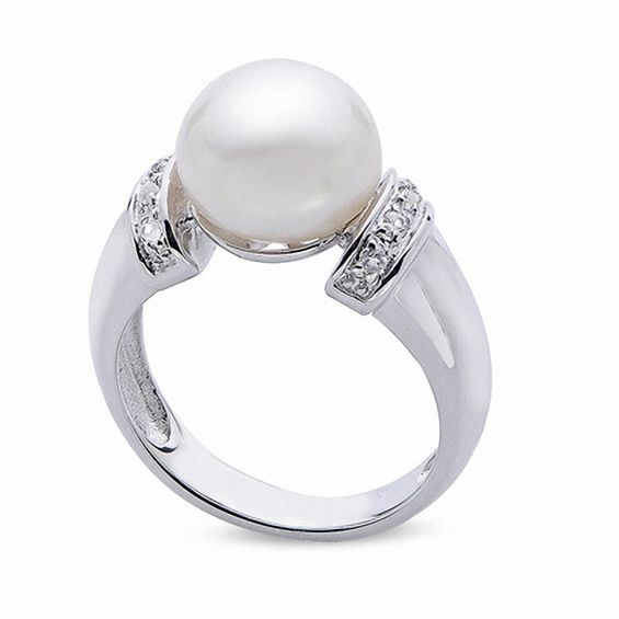 9.0 - 10.0mm Button Cultured Freshwater Pearl and White Topaz Collar Ring in Sterling Silver 9.0 - 10.0mm Button Cultured Freshwater Pearl and White Topaz Collar Ring in Sterling Silver