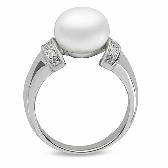 9.0 - 10.0mm Button Cultured Freshwater Pearl and White Topaz Collar Ring in Sterling Silver 9.0 - 10.0mm Button Cultured Freshwater Pearl and White Topaz Collar Ring in Sterling Silver