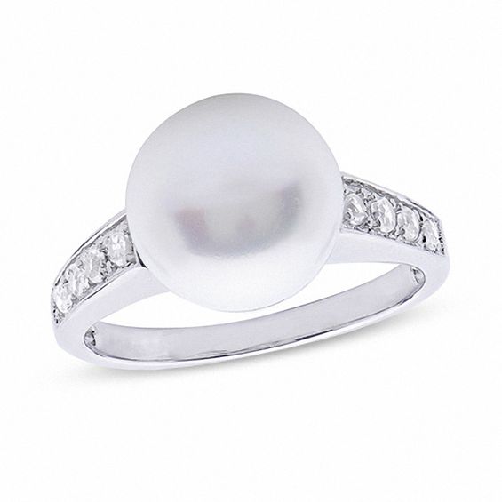 10.0 - 10.5mm Button Cultured Freshwater Pearl and White Topaz Ring in Sterling Silver 10.0 - 10.5mm Button Cultured Freshwater Pearl and White Topaz Ring in Sterling Silver
