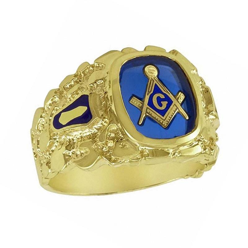 Men's Lab-Created Blue Sapphire Masonic Nugget Ring in 10K Gold