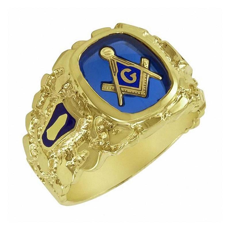 Men's Lab-Created Blue Sapphire Masonic Nugget Ring in 10K Gold