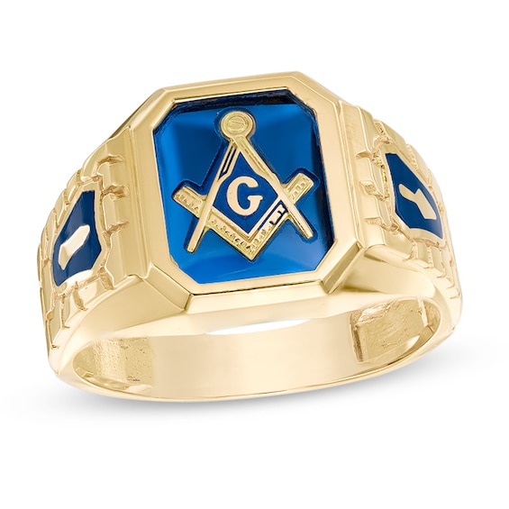 Lab-Created Blue Sapphire Masonic Ring in 10K Gold