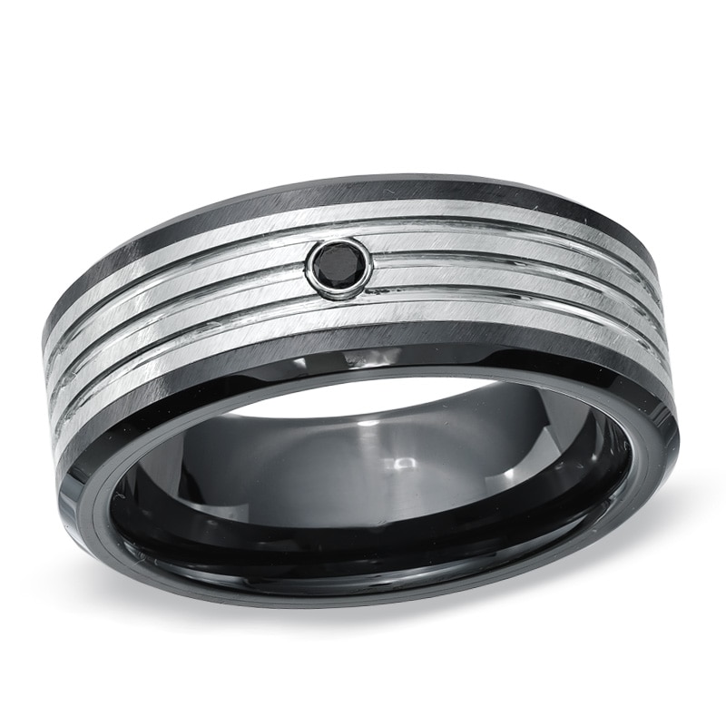 Main Image 1 of Black Diamond Wedding Band in Ceramic and Tungsten - Size 10