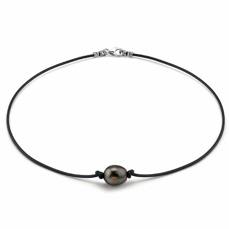 11.0mm Baroque Black Cultured Tahitian Pearl Leather Necklace with Sterling Silver Clasp - 17"