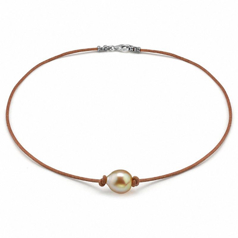 11.0mm Baroque Golden Cultured South Sea Cultured Pearl Leather Necklace with Sterling Silver Clasp - 17"