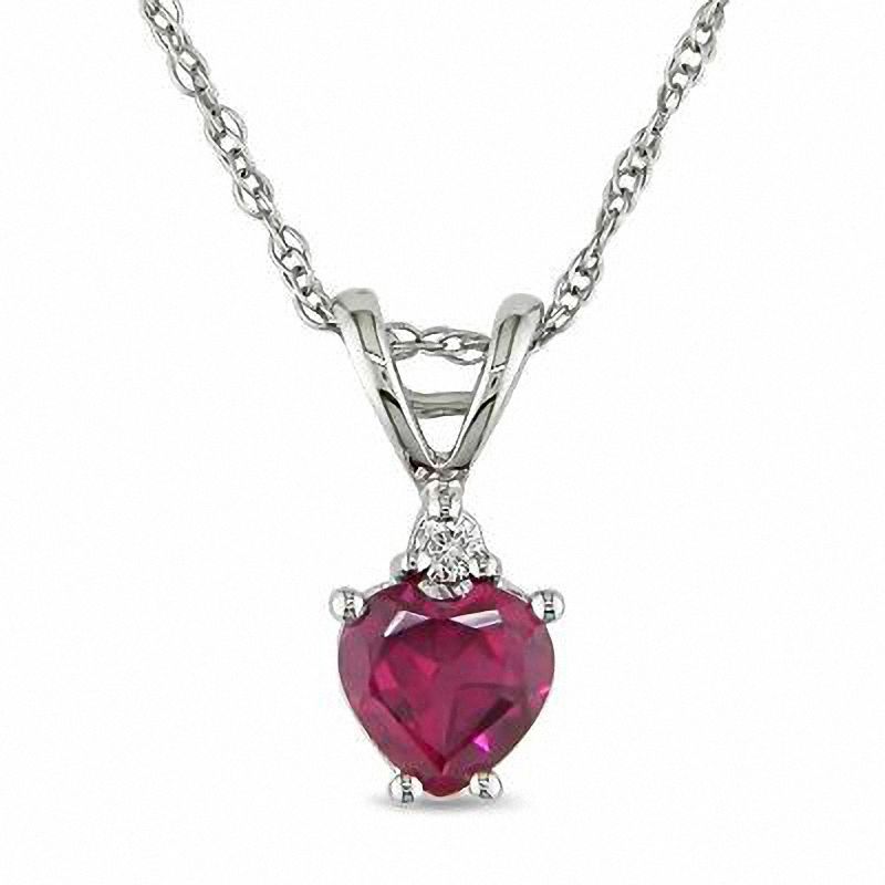 Heart-Shaped Lab-Created Ruby Pendant in 10K White Gold with Diamond Accent - 17"