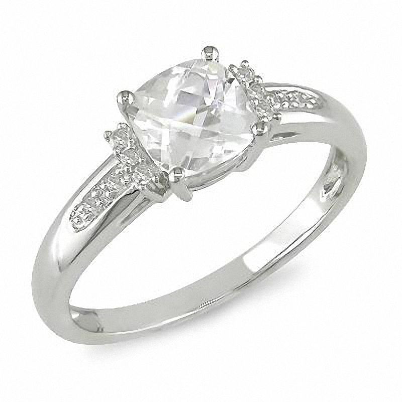 Cushion-Cut White Topaz Engagement Ring with Diamond Accents in 10K White Gold