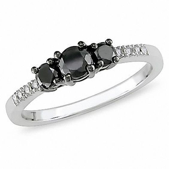 1/2 CT. T.w. Black Diamond Three Stone Ring in 10K White Gold with Diamond Accents