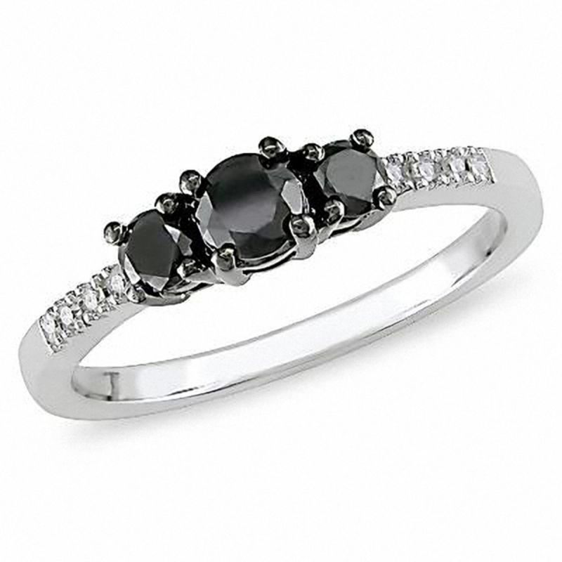 1/2 CT. T.W. Black Diamond Three Stone Ring in 10K White Gold with Diamond Accents