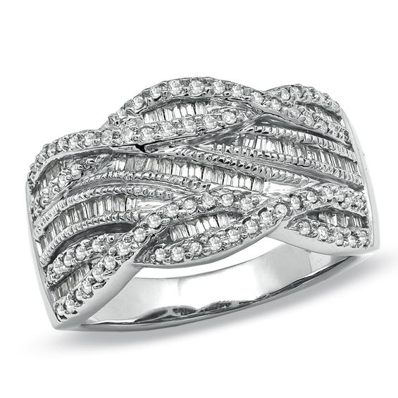 1/2 CT. T.w. Round and Baguette Diamond Swirl Band in 10K White Gold - Size 7