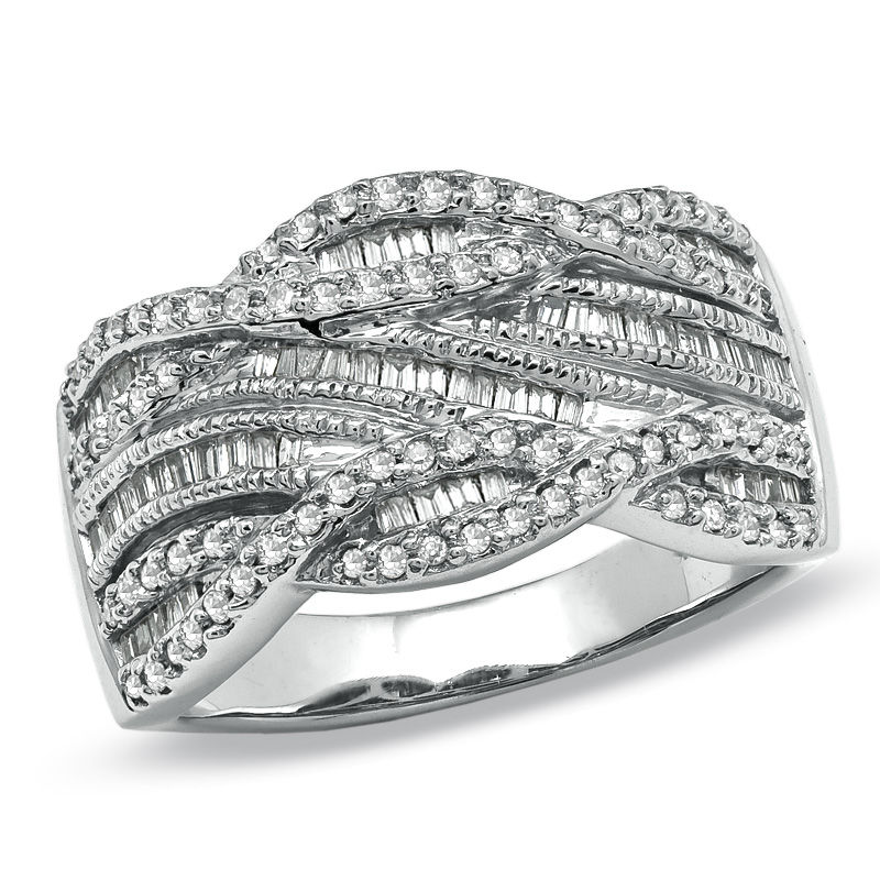 1/2 CT. T.W. Round and Baguette Diamond Swirl Band in 10K White Gold - Size 7