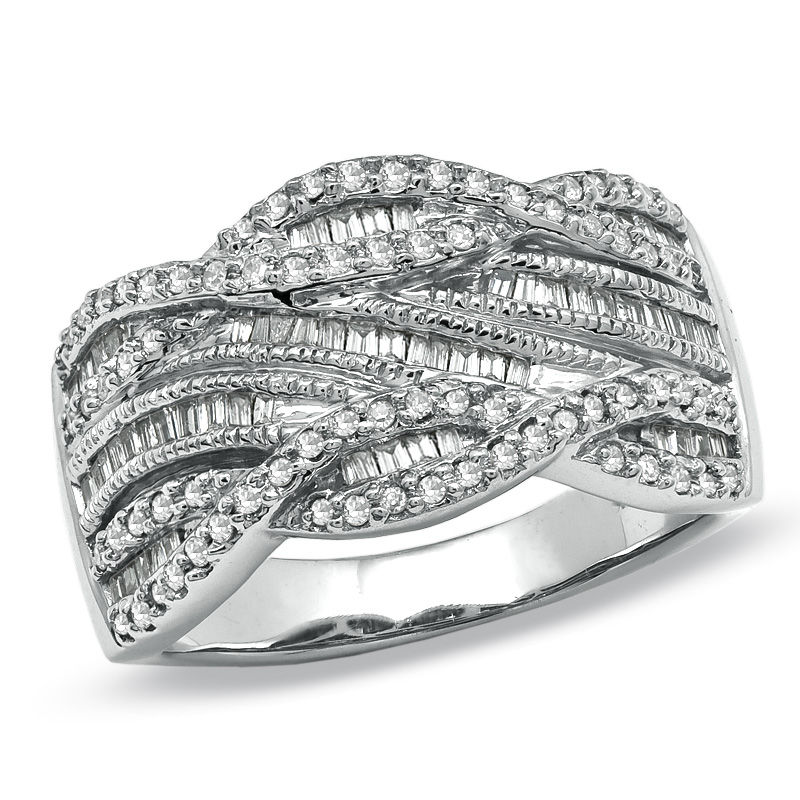 Main Image 1 of 1/2 CT. T.W. Round and Baguette Diamond Swirl Band in 10K White Gold - Size 7