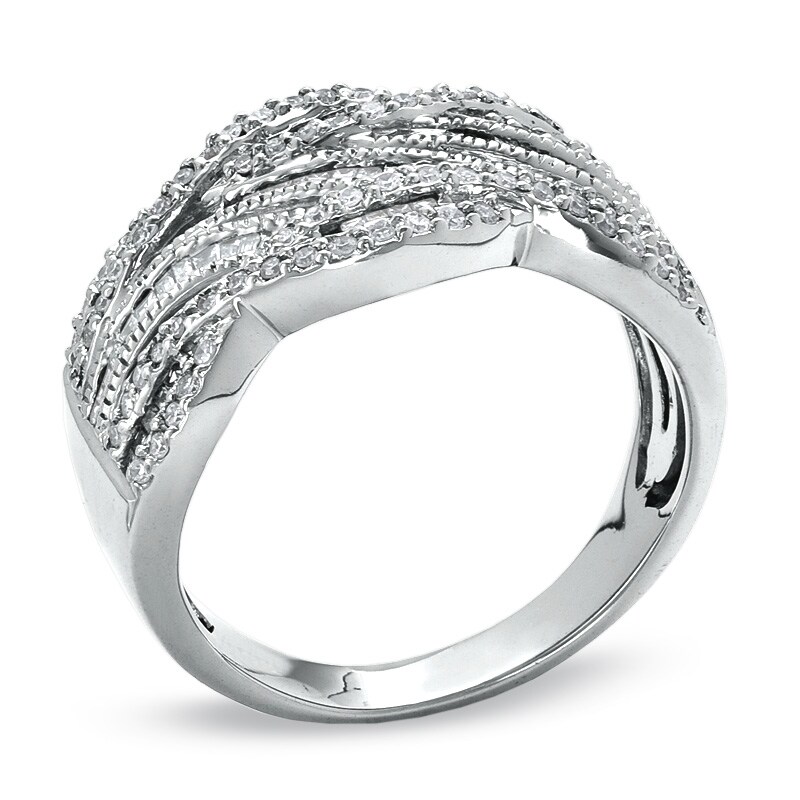 1/2 CT. T.W. Round and Baguette Diamond Swirl Band in 10K White Gold - Size 7