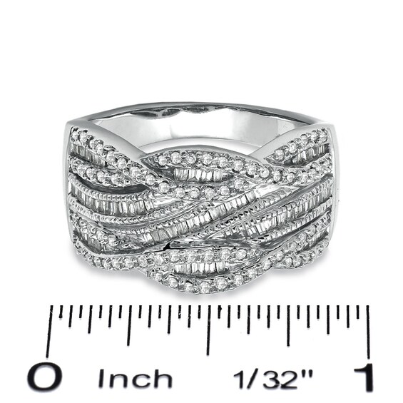 1/2 CT. T.w. Round and Baguette Diamond Swirl Band in 10K White Gold - Size 7
