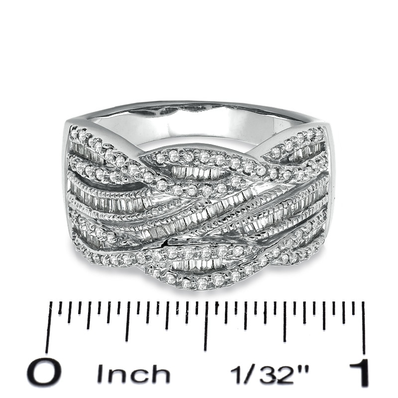 1/2 CT. T.W. Round and Baguette Diamond Swirl Band in 10K White Gold - Size 7