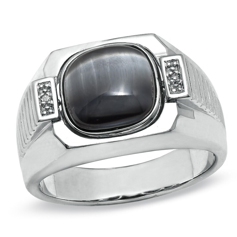 Main Image 1 of Men's Flip Onyx and Gray Cat's Eye Ring in Sterling Silver with Diamond Accents