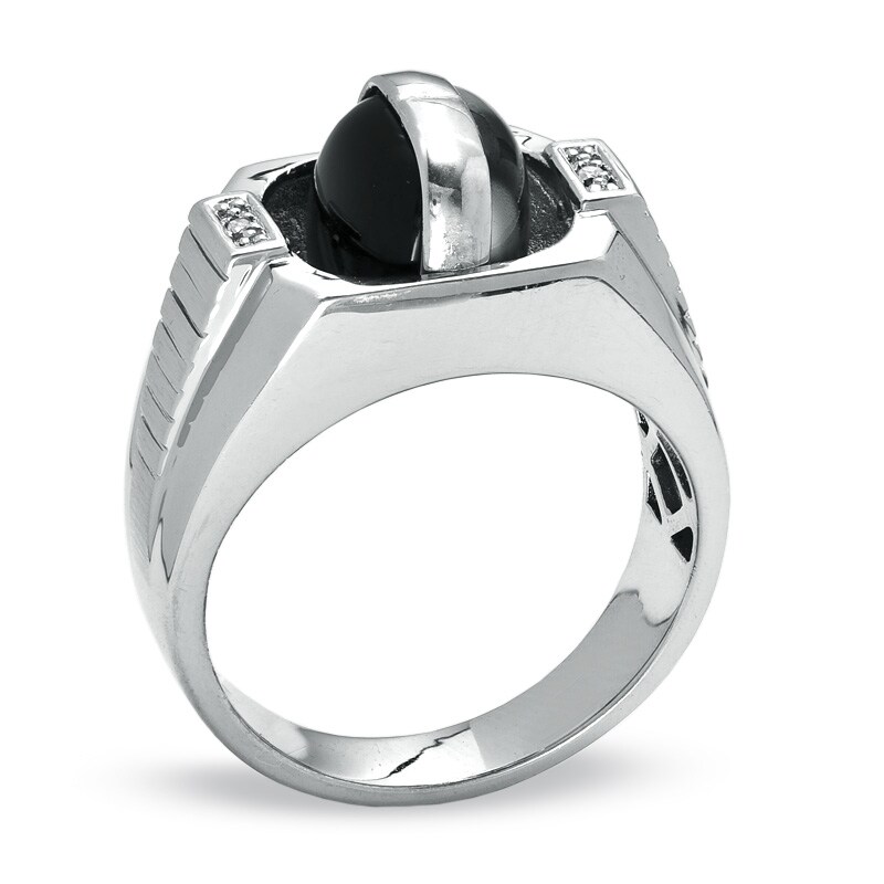 Main Image 2 of Men's Flip Onyx and Gray Cat's Eye Ring in Sterling Silver with Diamond Accents